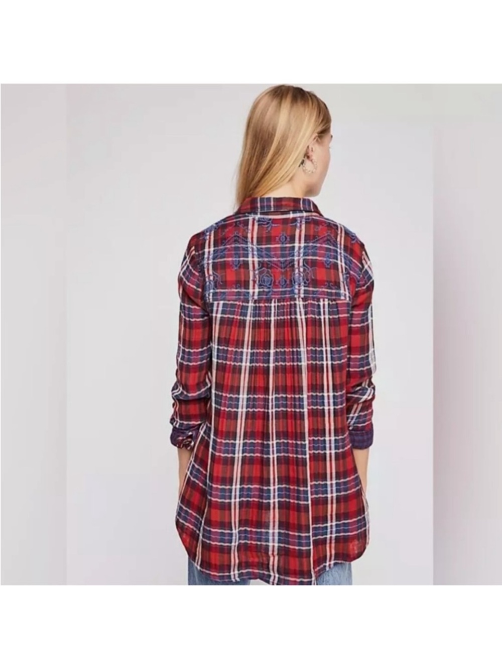 Free People Magical Ebroidered Button Down Red and Blue Plaid Shirt - Picture 13 of 13